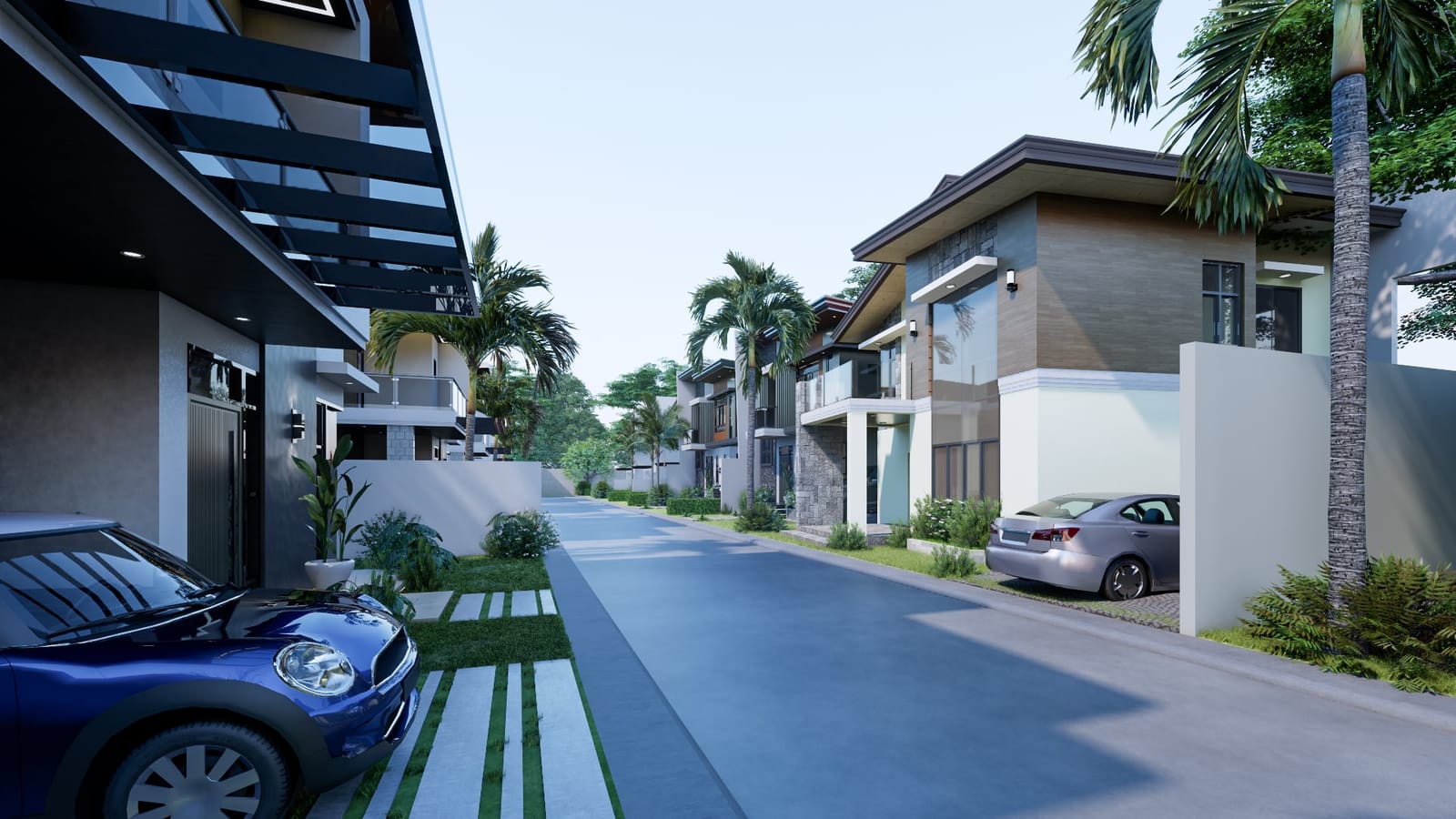 Artist's rendering of a paved street lined with houses and palm trees in a WealthInvest subdivision